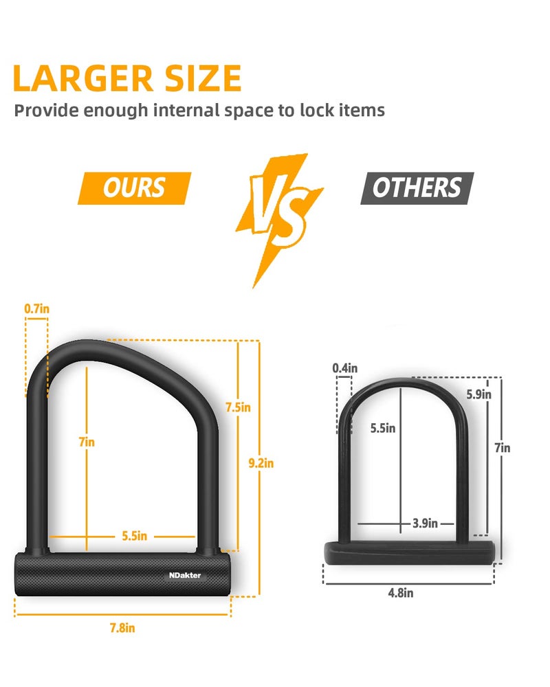 NDakter Bike Locks Heavy Duty Anti Theft  Bicycle U Lock for Ebike  18mm Shackle  6FT Steel Security Cable with 3 Keys for Electric Scooter  Motorcycle  Moped  Dirt-Bike  Tri-Bike Wheel Lock Sturdy - Image 3